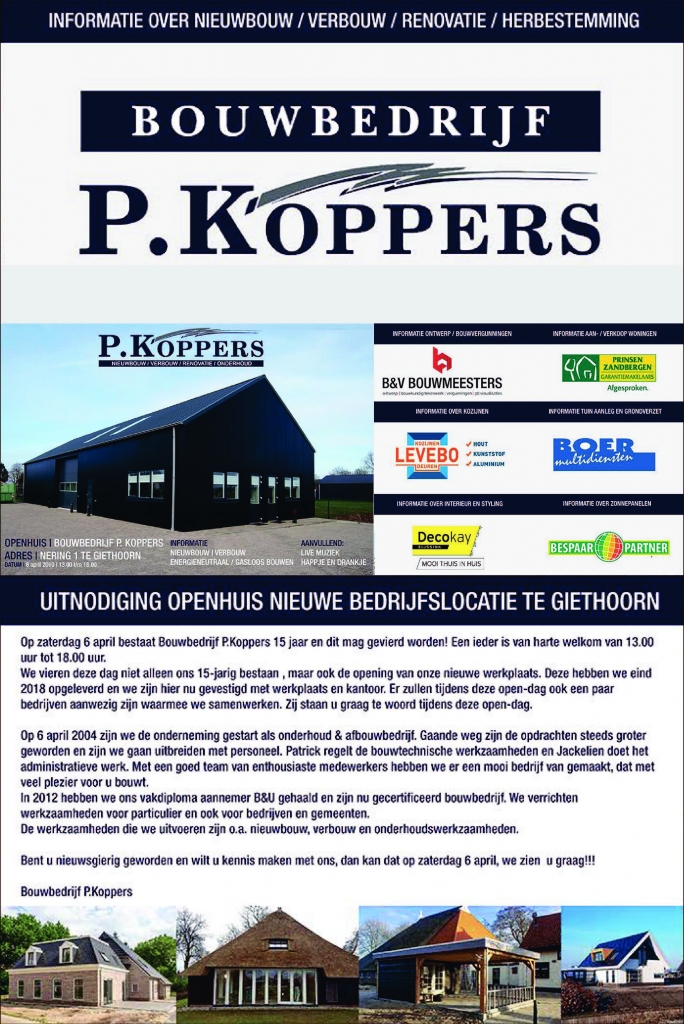 Zaterdag 6 april open huis bij bouwbedrijf P. Koppers!