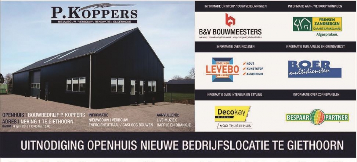 Zaterdag 6 april openhuis bij bouwbedrijf P. Koppers!