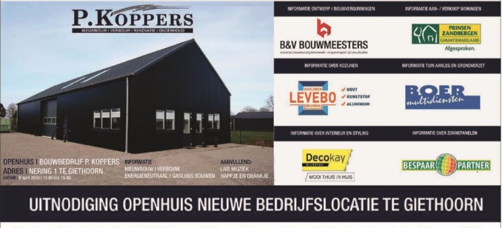 Zaterdag 6 april open huis bij bouwbedrijf P. Koppers!